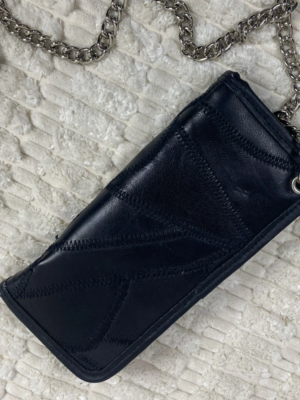 Vintage Black Leather Trucker Biker Chain Wallet Patchwork Eagle Crest 15”